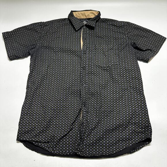 Denim Culture Shirt Mens XL Blue Black Tan Short Sleeve Button Up MISSING BUTTON - Picture 1 of 8